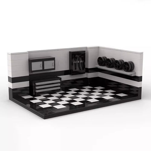 ATELIER Damier, décor de garage de collectionneur en briques Mabric™ avec sol en damier noir et blanc