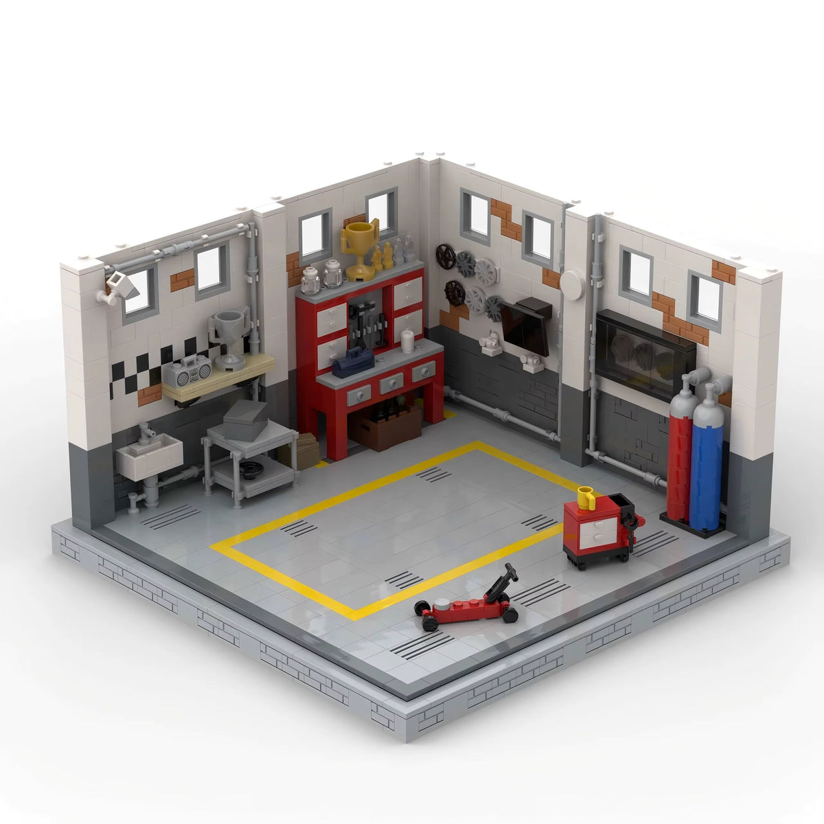 ATELIER Mécanique, décor de garage d'angle en briques Mabric™ avec établi rouge et rack de jantes