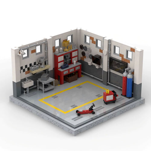 ATELIER Mécanique, décor de garage d'angle en briques Mabric™ avec établi rouge et rack de jantes