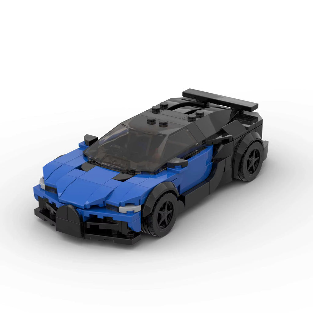 ELYTRA Astral, maquette d'hypercar bleue et noire en briques Mabric™