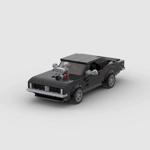 BLAZE Inferno, maquette de muscle car noir en briques Mabric™ avec compresseur apparent