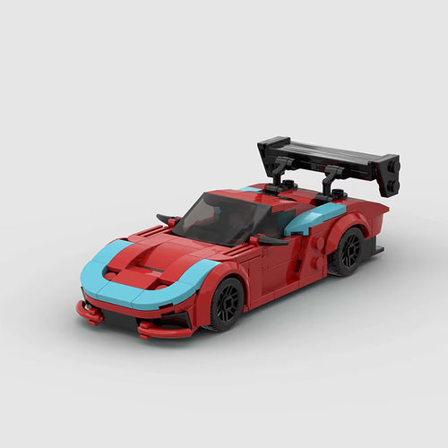 APEX GT, maquette d'hypercar futuriste rouge et bleu cyan en briques Mabric™
