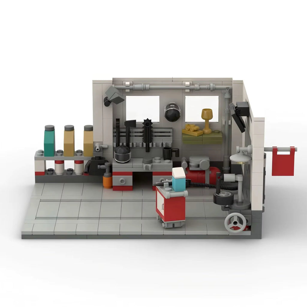 ATELIER Entretien, décor de garage de quartier en briques Mabric™ avec établi et porte sectionnelle